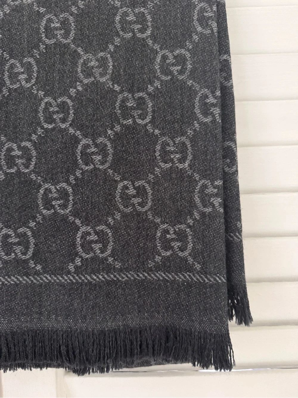 NEW Gucci ‘Sten’ GG Logo Wool Scarf - Charcoal Grey & Light Gray Contrast